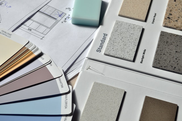 Paint and tile samples for a home redesign